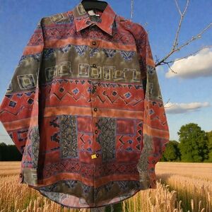 Vtg The Territory Ahead Men’s Large Southwest Aztec Jacquard Shirt Cotton EUC